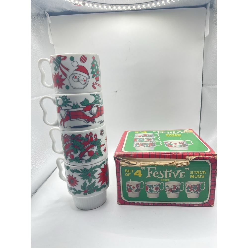 Set of 4 Vintage Japan Stacking Christmas Mugs In Original Box New Old‎ Stock